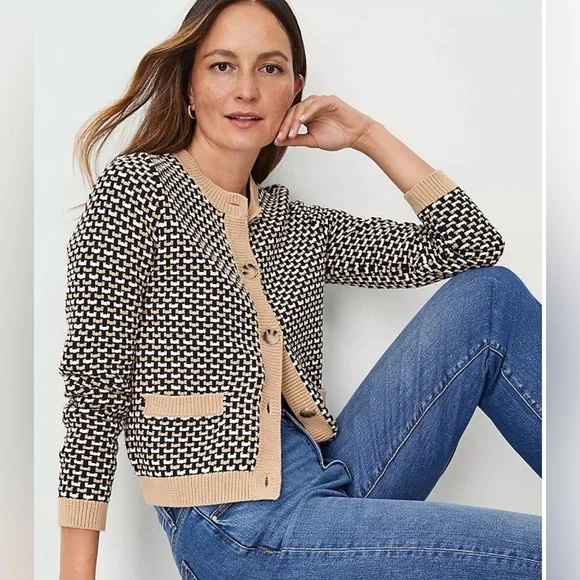 Ann Taylor Petite Geo Stitch Sweater Jacket - Picture 3 of 10